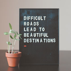 Foto von einer Tafel mit dem Spruch: Difficult roads lead to beautiful destinations. Neben der Tafel steht eine Pflanze in einem Terracottatopf.