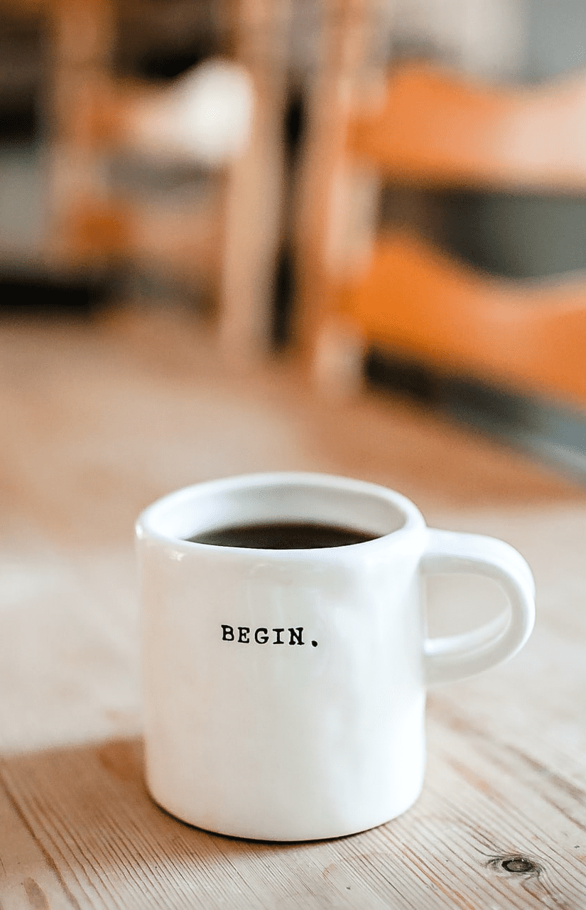 Weiße Kaffeetasse mit Schriftzug "Begin" auf einem Tisch