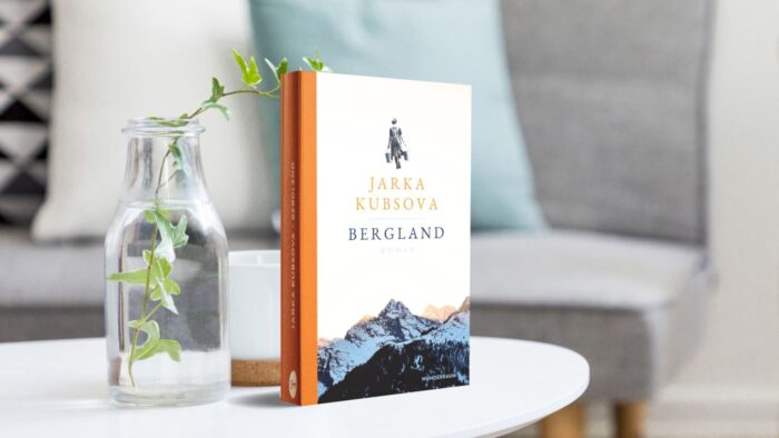 Beitragsbild zur Buchrezension "Bergland". Foto von einem Sofatisch, auf dem das Buch, eine Glasevase mit einer Grünpflanze und eine Kaffeetasse stehen. Im Hintergrund ein graues Sofa mit bunten Kissen.